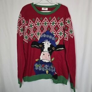 Light Up Cow Christmas Sweater Ugly Holiday Novelty Knit Red Green Womens XL